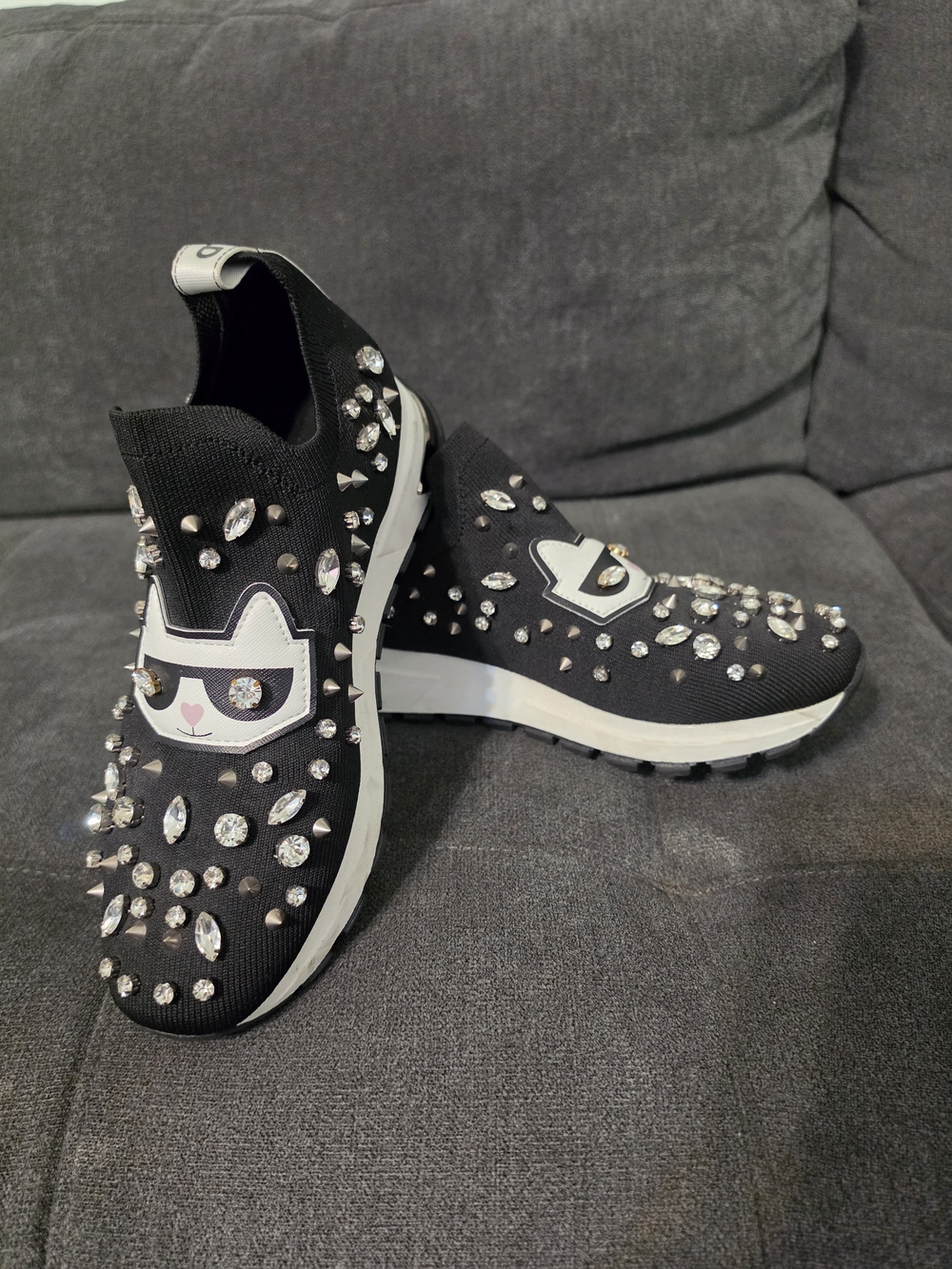 Karl Lagerfeld Black Slip-On Crystal-Embellished Sneakers with Cat Patch